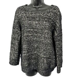 Halogen Metallic Fuzzy Eyelash 3/4 Sleeve Knit Sweater Black Gray Size Medium